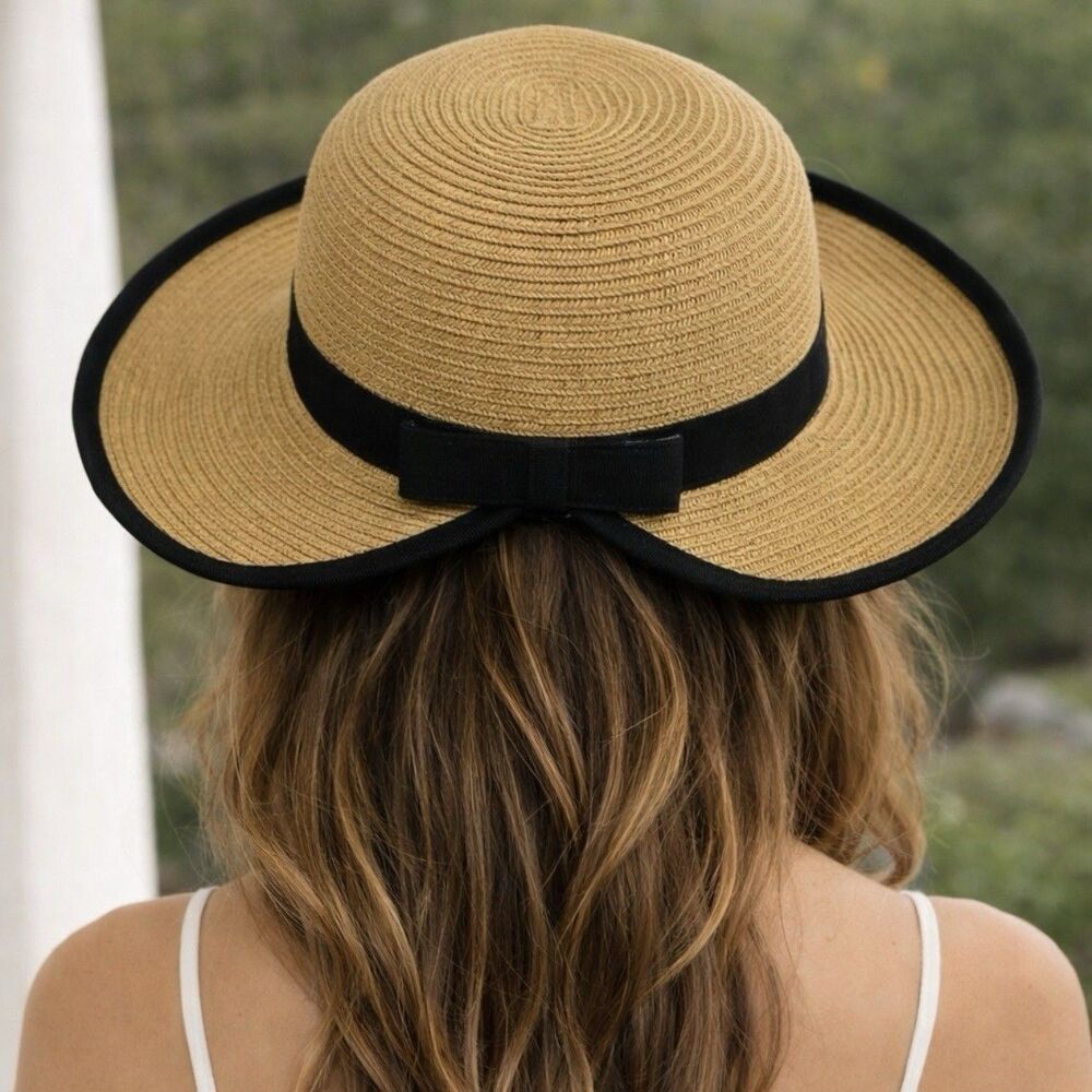 Ron Jon Straw Sun Hat Wide Brim Boho Beach Adjustable Back Closure Women